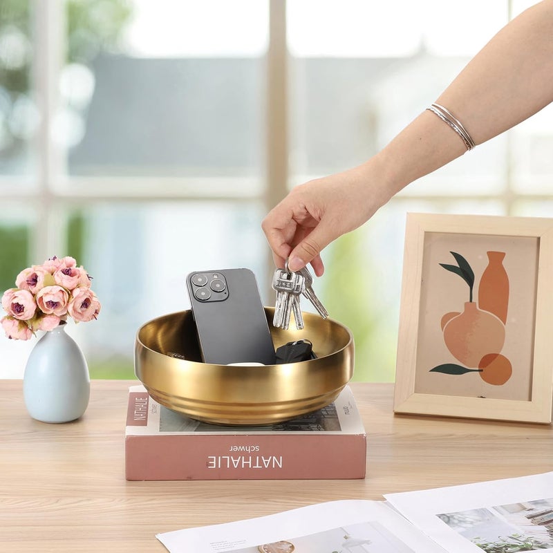 GUSHBIN 8.3" Golden Key Bowl for Entryway Decorative Key Holder Round Fruit Dish Stainless Steel Catch All Bowl for Coffee Table Kitchen Counter Home Decor - Image 5